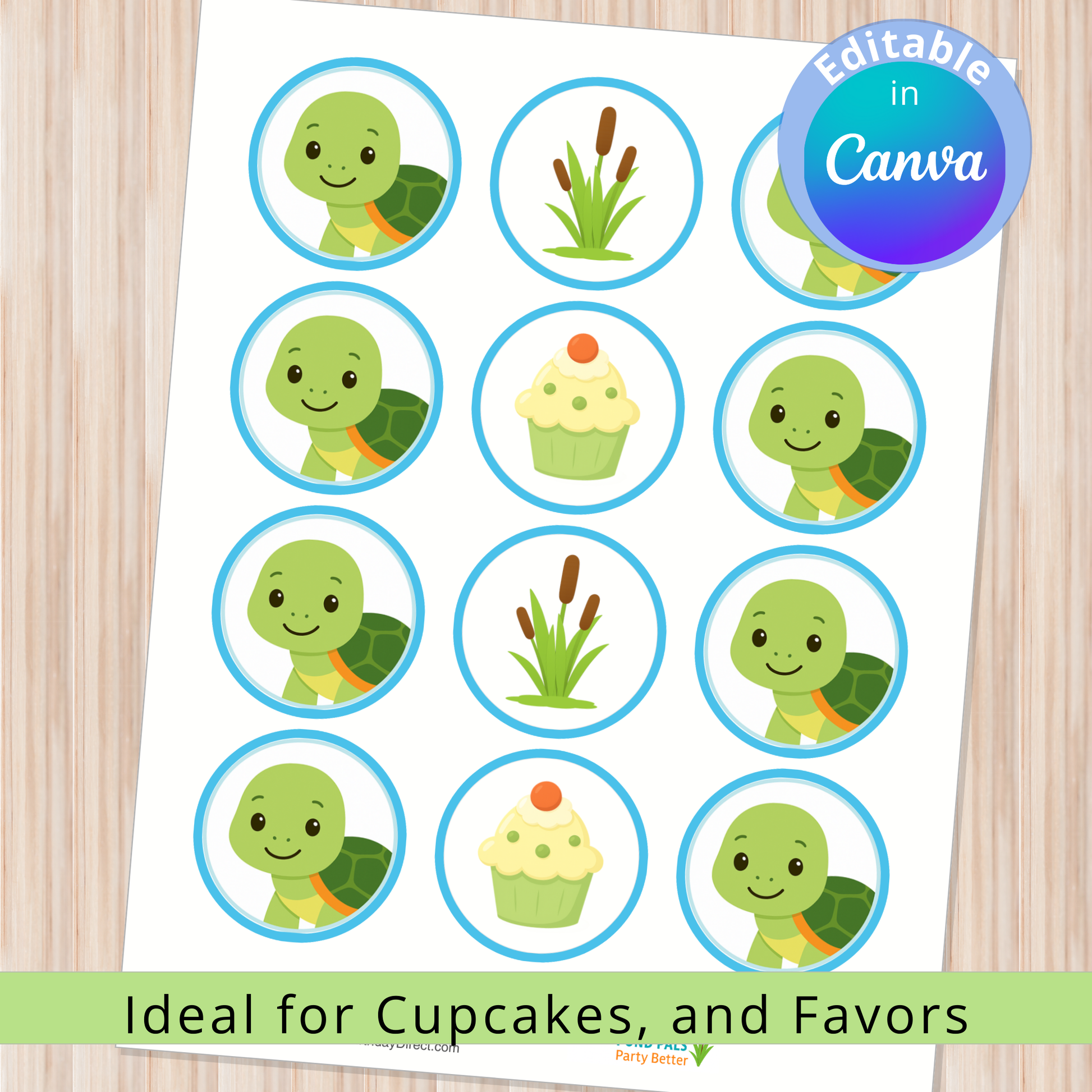 Sheet of stickers with green turtles, cupcakes, and plants on a white background with 'Canva' branding.