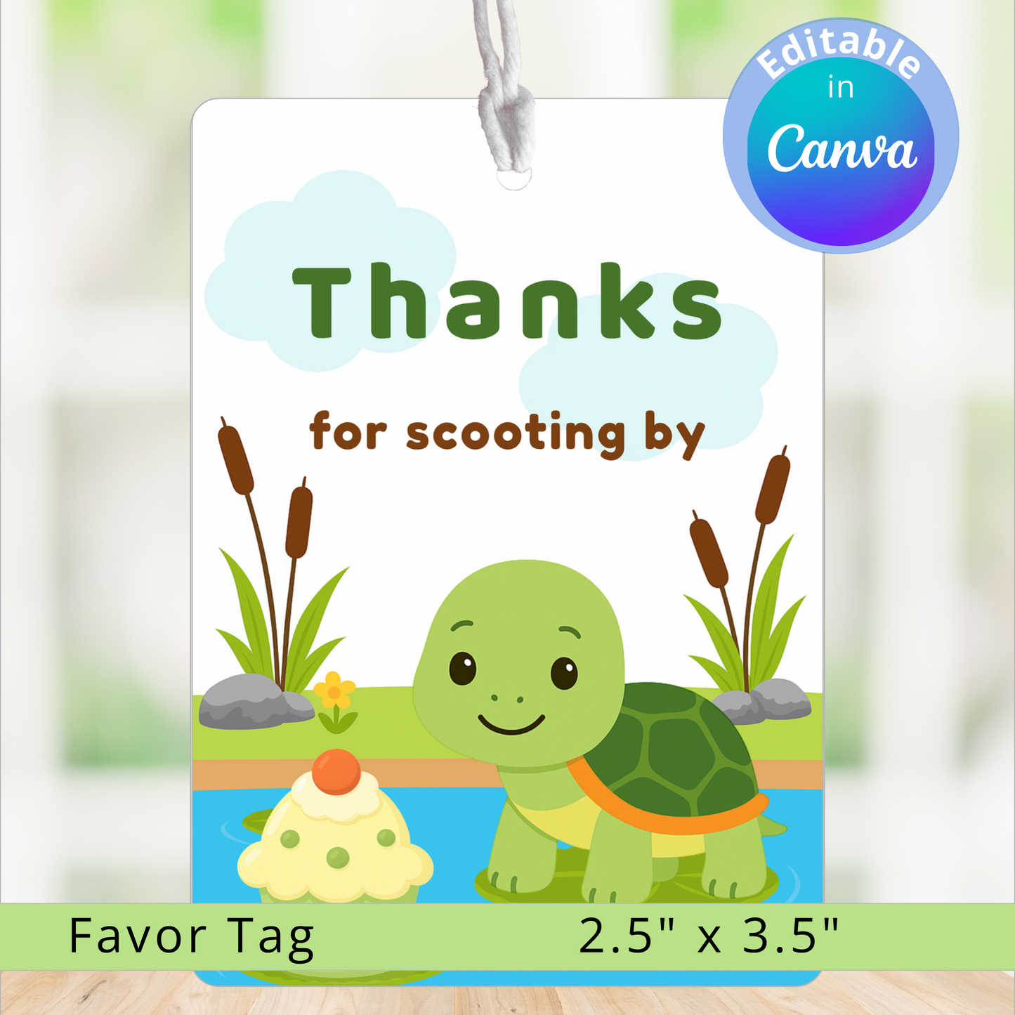 Favor tag with a cartoon turtle and text 'Thanks for scooting by' on a white background.