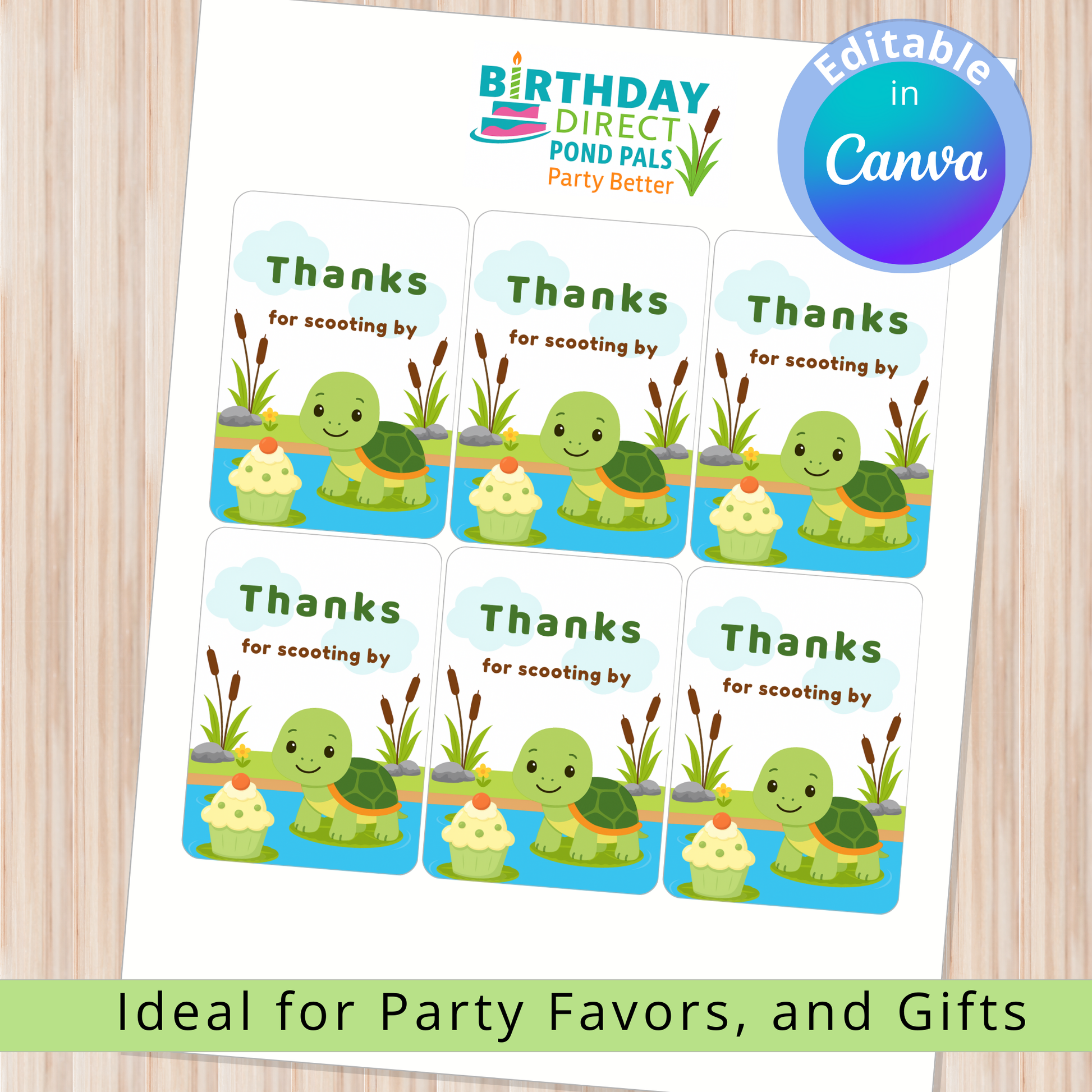 Sheet of turtle-themed thank you stickers with 'Birthday Direct' branding on a wooden surface.