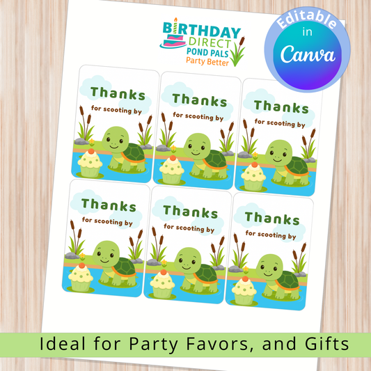 Sheet of turtle-themed thank you stickers with 'Birthday Direct' branding on a wooden surface.