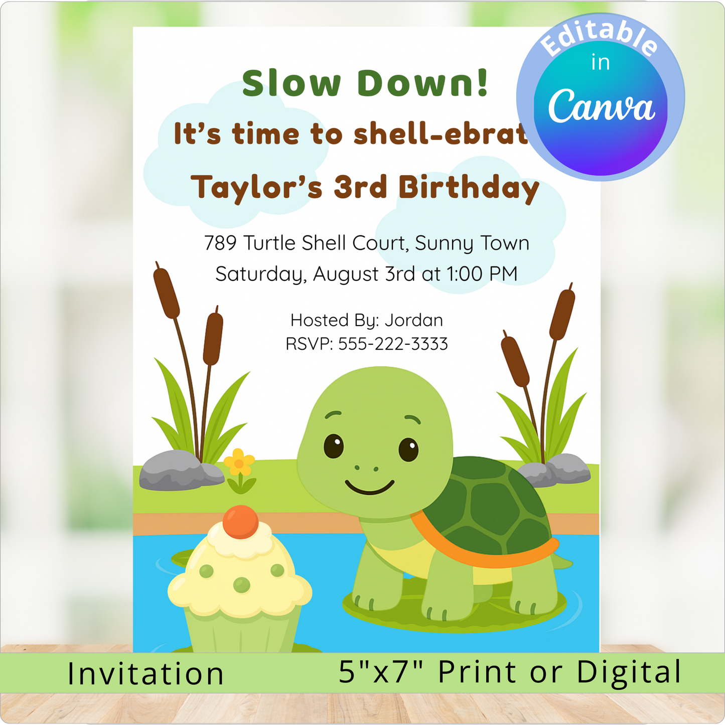 Birthday invitation with a turtle and cupcake design, featuring editable text in Canva.
