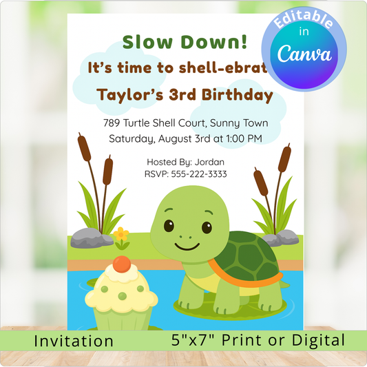 Birthday invitation with a turtle and cupcake design, featuring editable text in Canva.