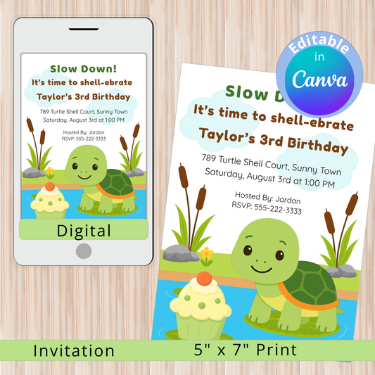 Birthday invitation with turtle design on a smartphone and paper, featuring editable text in Canva.
