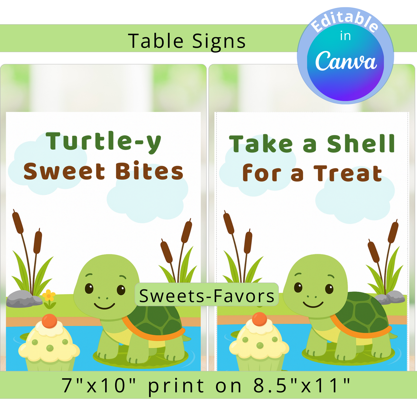 Two table signs with cartoon turtles and text about turtle-themed treats, featuring Canva's editing capability.