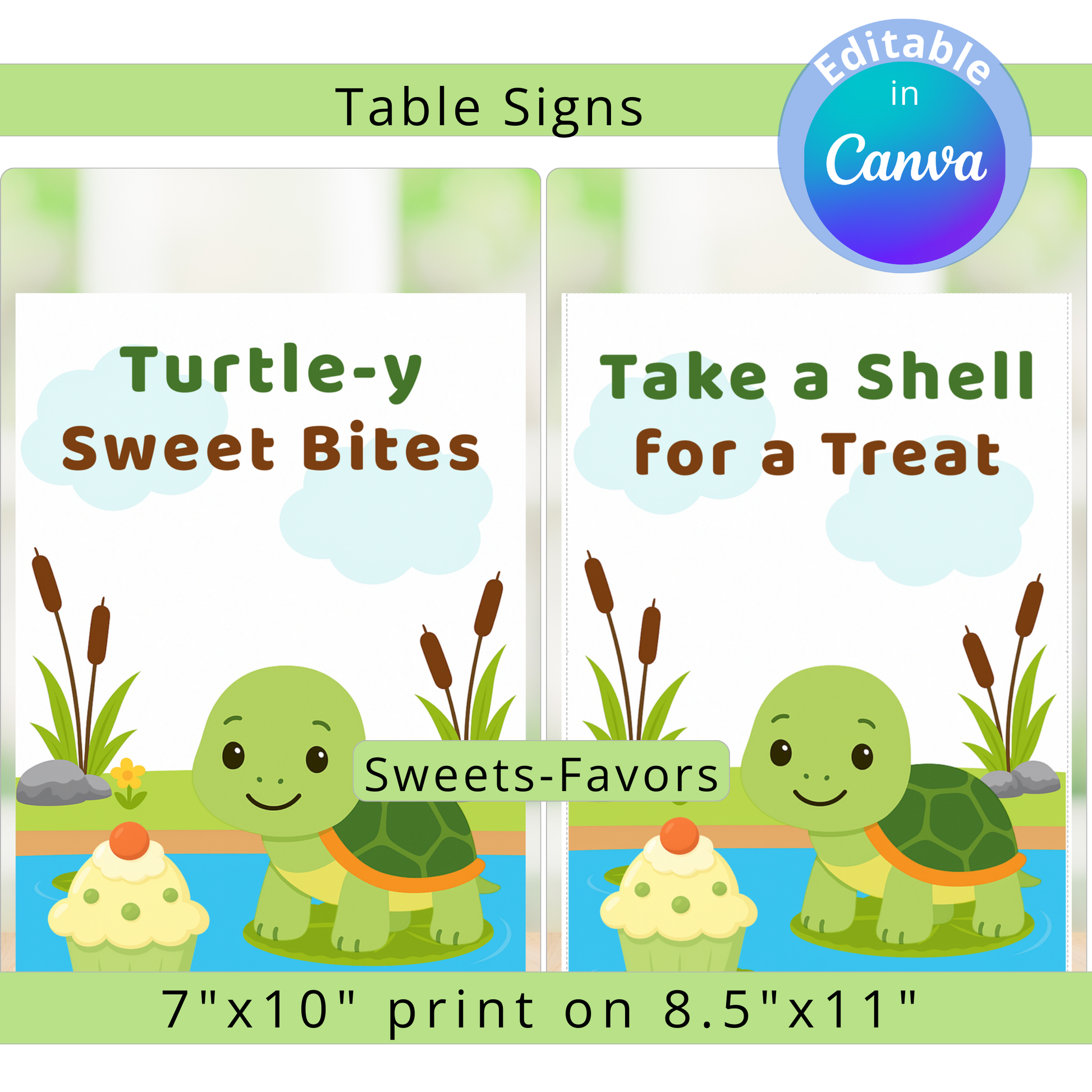 Two table signs with cartoon turtles and text about turtle-themed treats, featuring Canva's editing capability.