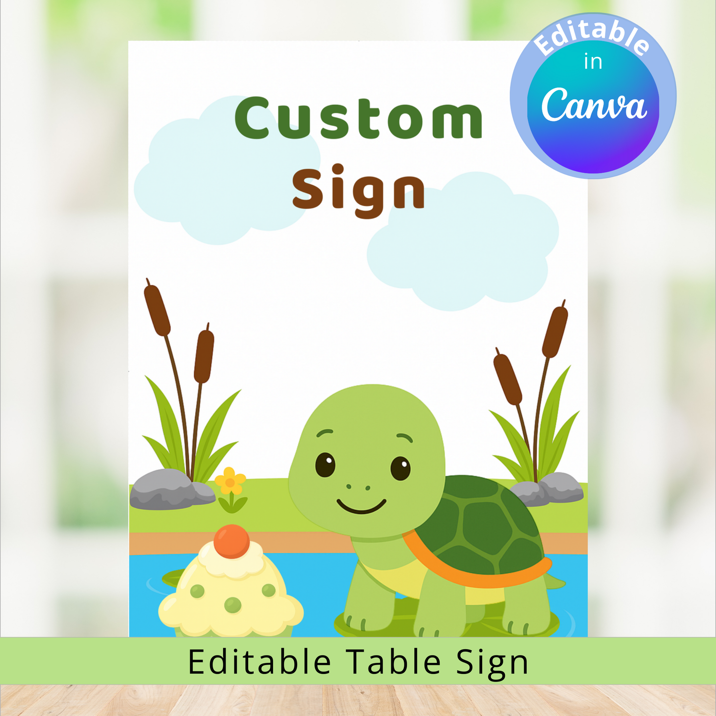 Custom sign with a cartoon turtle and editable text feature on a blurred natural background