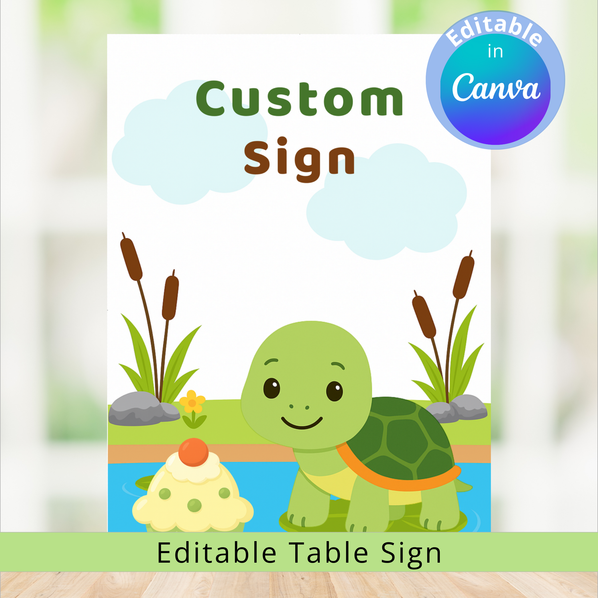 Custom sign with a cartoon turtle and editable text feature on a blurred natural background
