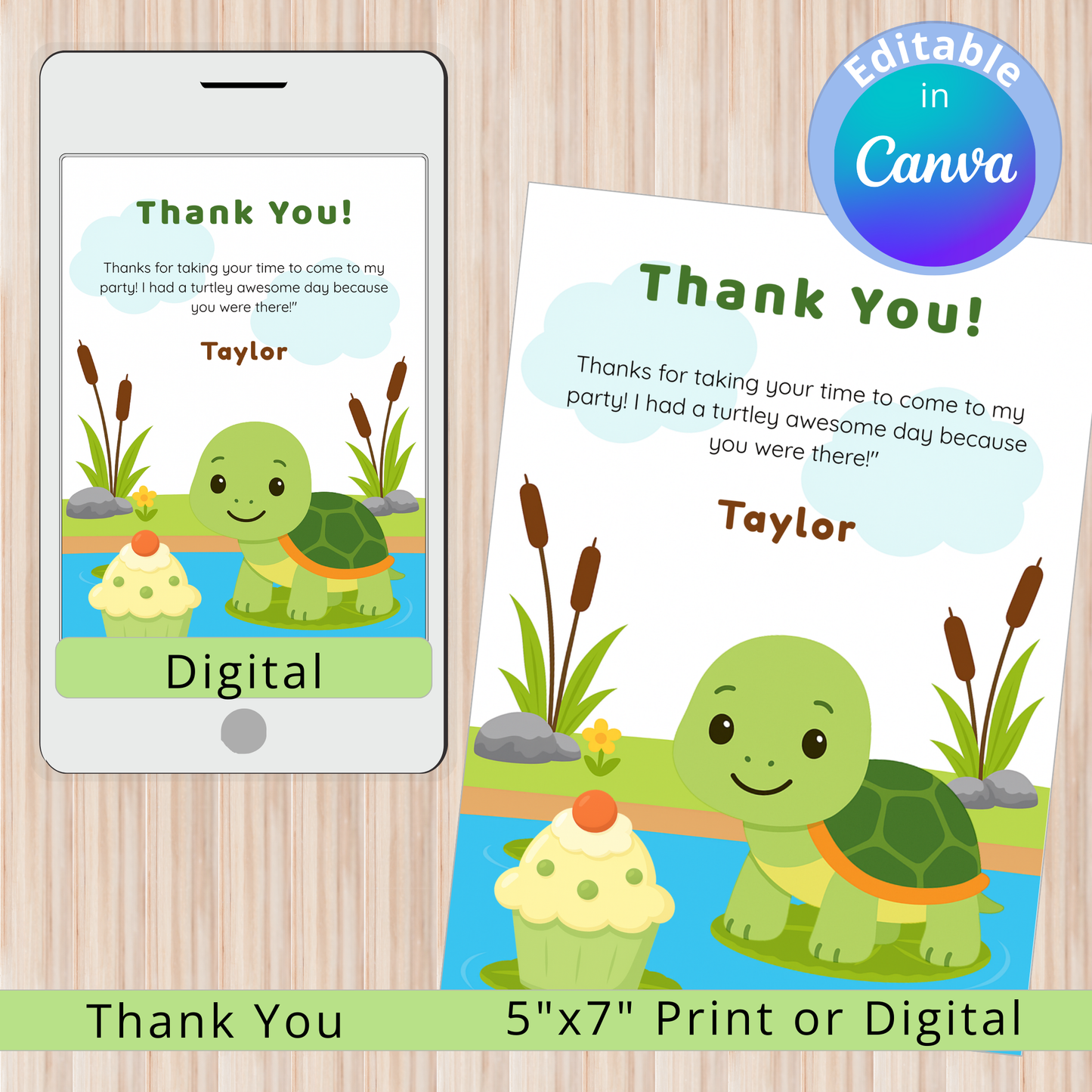 Thank you card with turtle design on a wooden surface, featuring digital and print options.