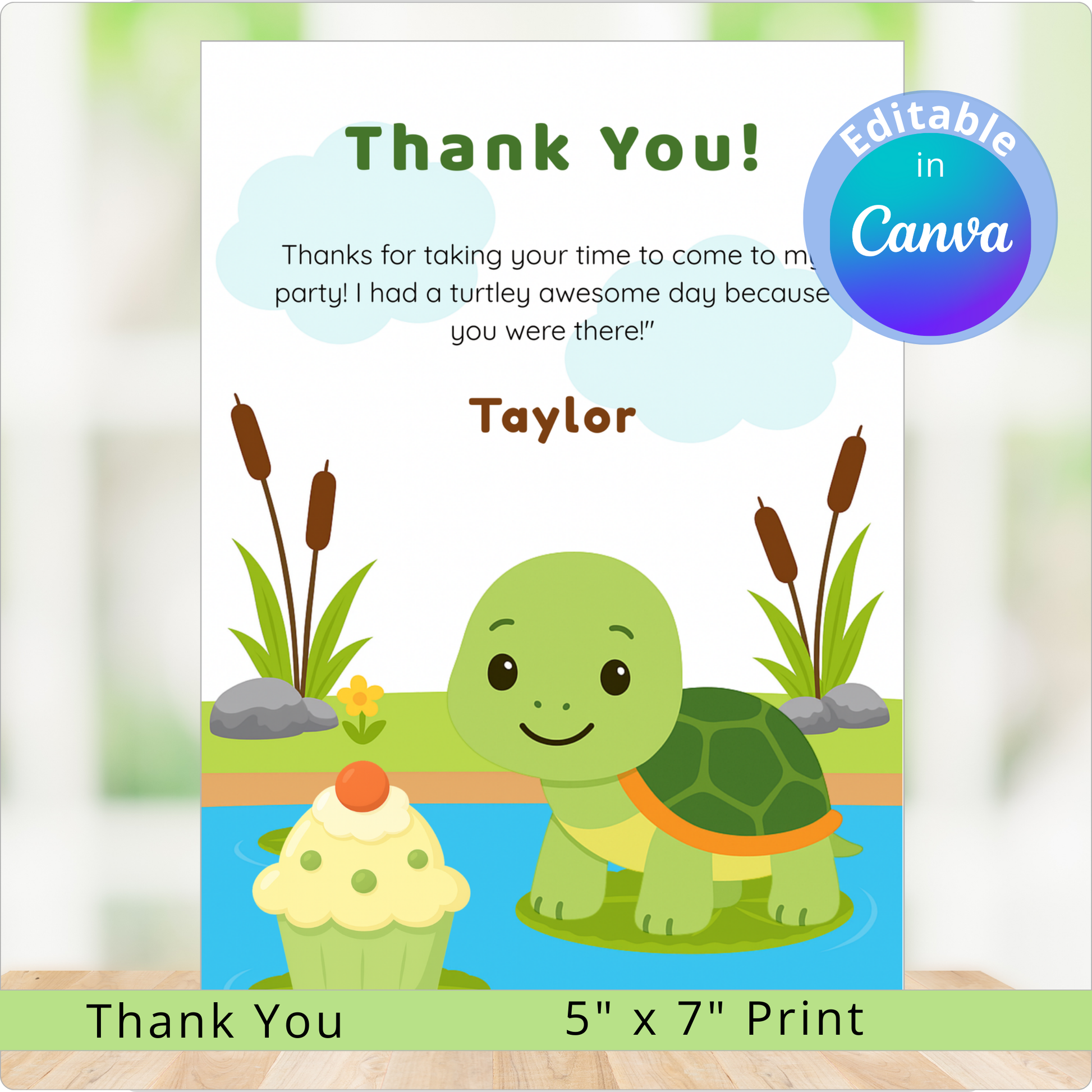 Thank you card with a turtle and cupcake design, featuring editable text in Canva.