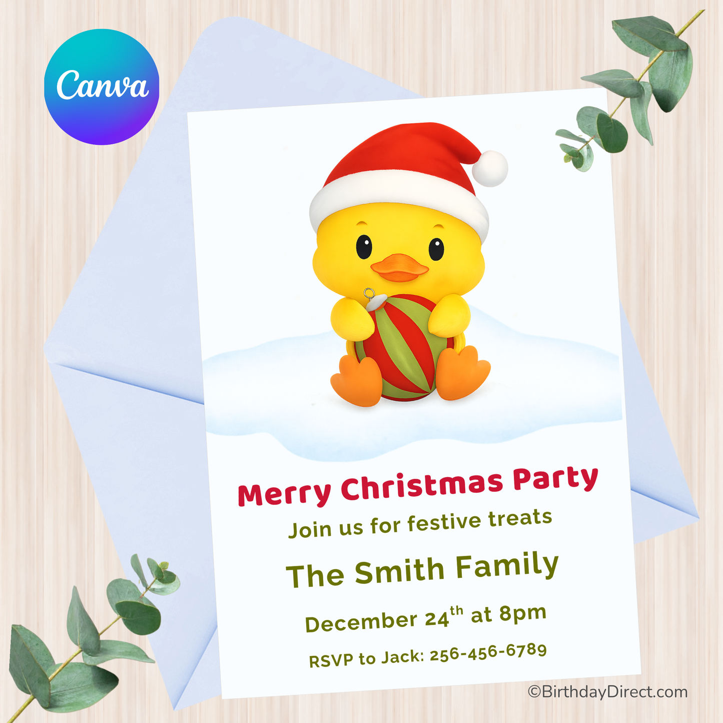 Puddles the Duck Christmas Party Invitation – Editable Template | Printable Holiday Invitation for Kids, Families & Classrooms