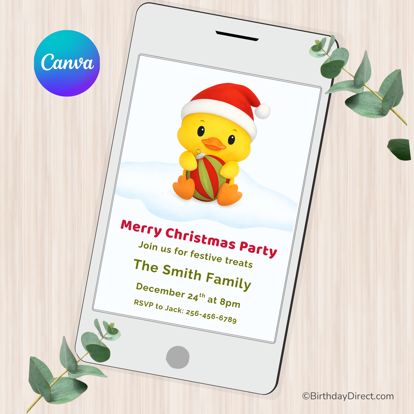 Puddles the Duck Christmas Party Invitation – Editable Template | Printable Holiday Invitation for Kids, Families & Classrooms