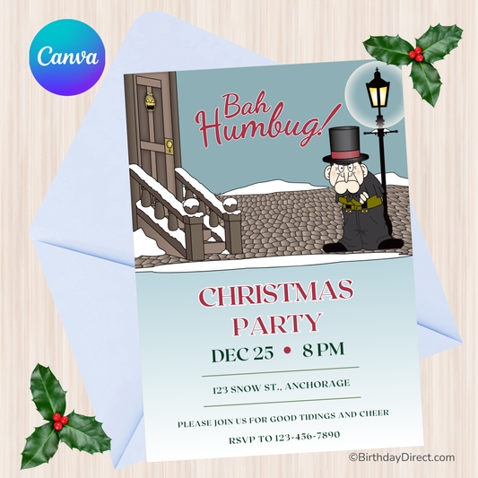 Bah Humbug Christmas Invitation — Funny Scrooge Holiday Party Template