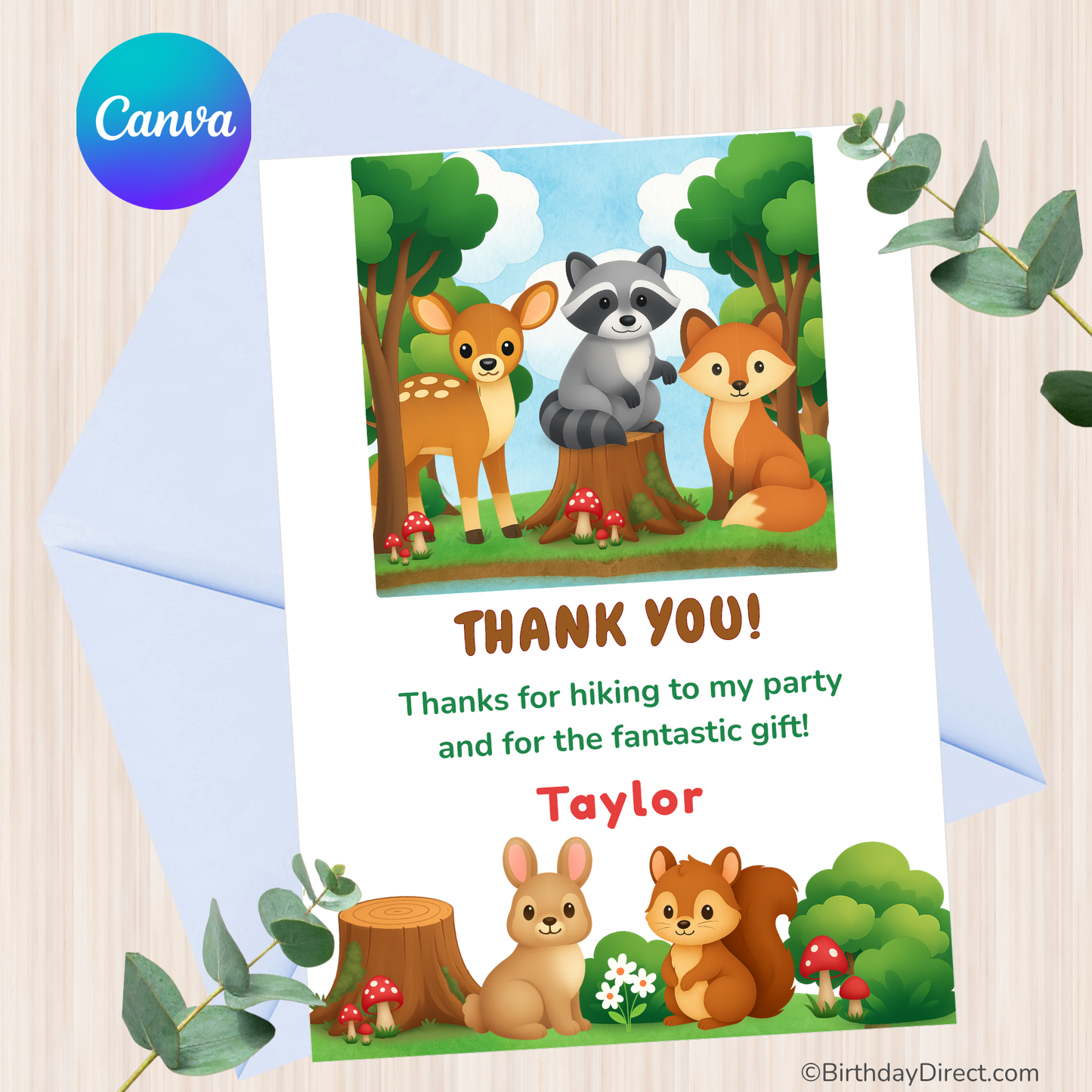 Forest Friends Thank You Card – Editable 5x7 Canva Template