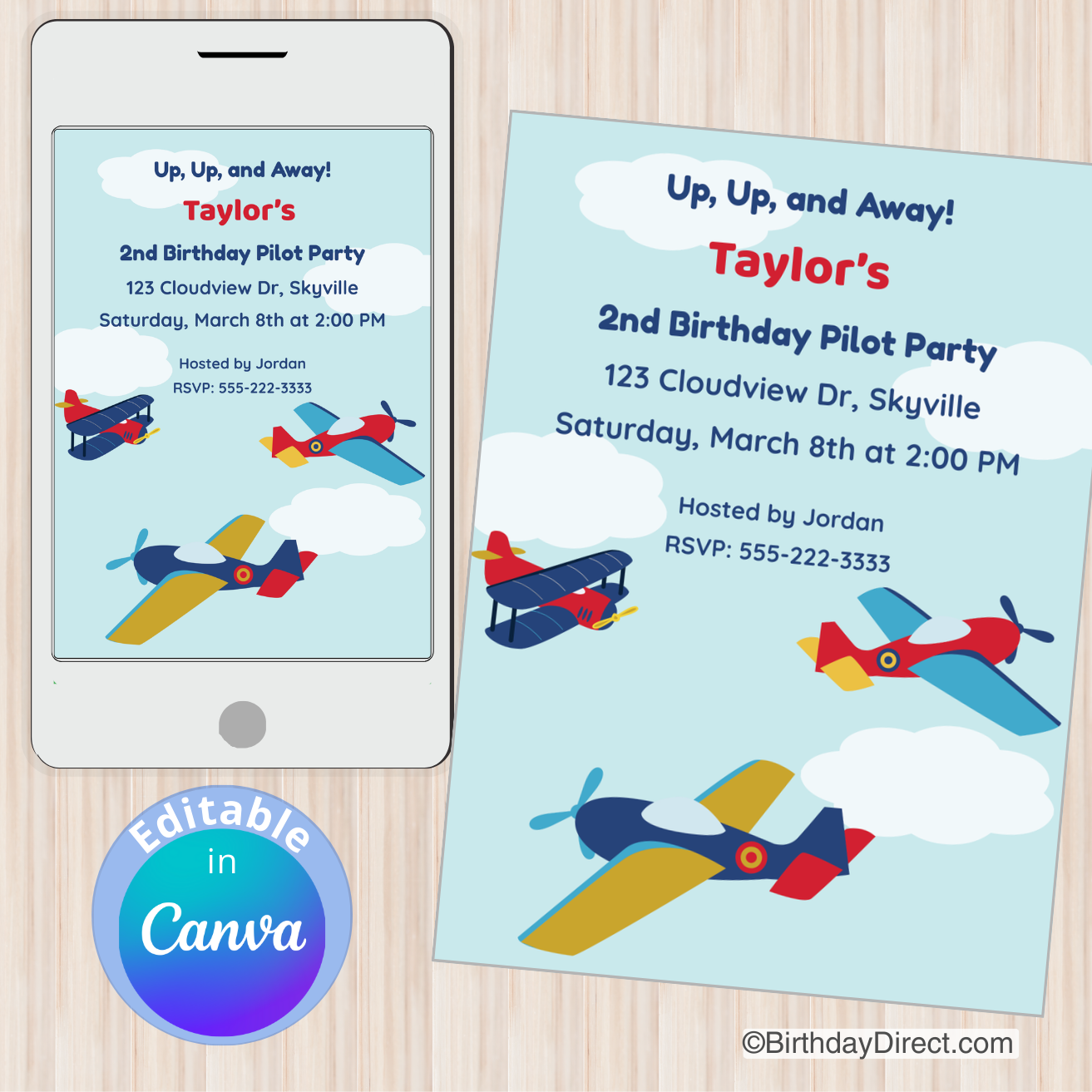Birthday party invitation with airplane graphics on a smartphone and paper