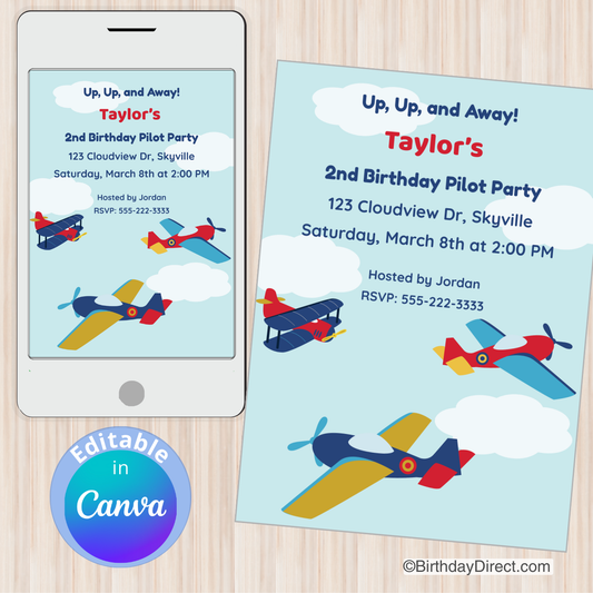 Birthday party invitation with airplane graphics on a smartphone and paper