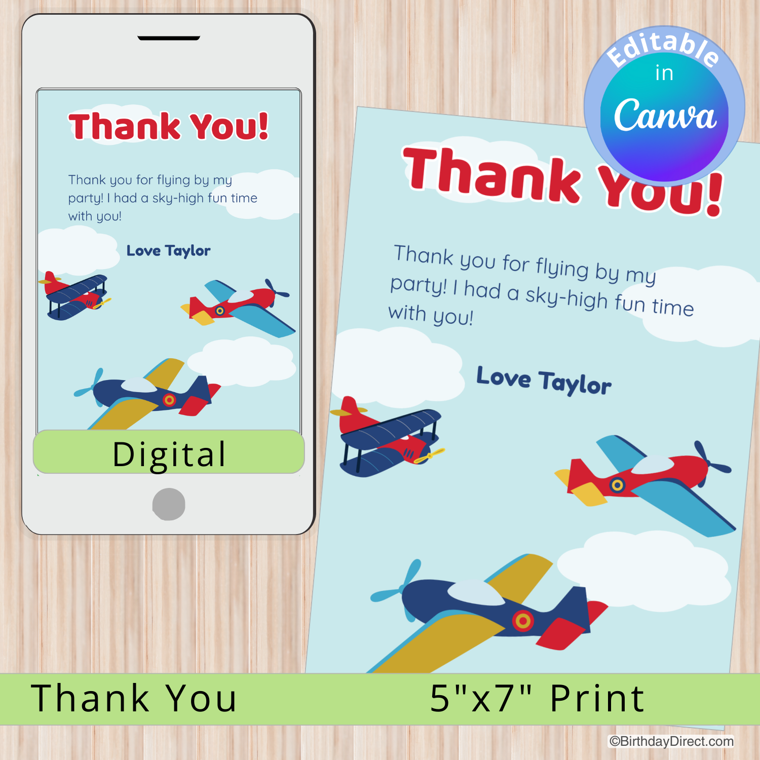 Digital and print thank you cards with airplanes on a wooden surface