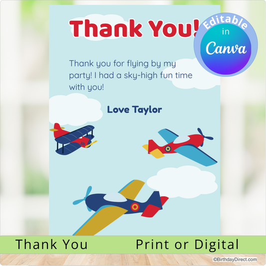 Thank you card with vintage airplanes and an editable text feature