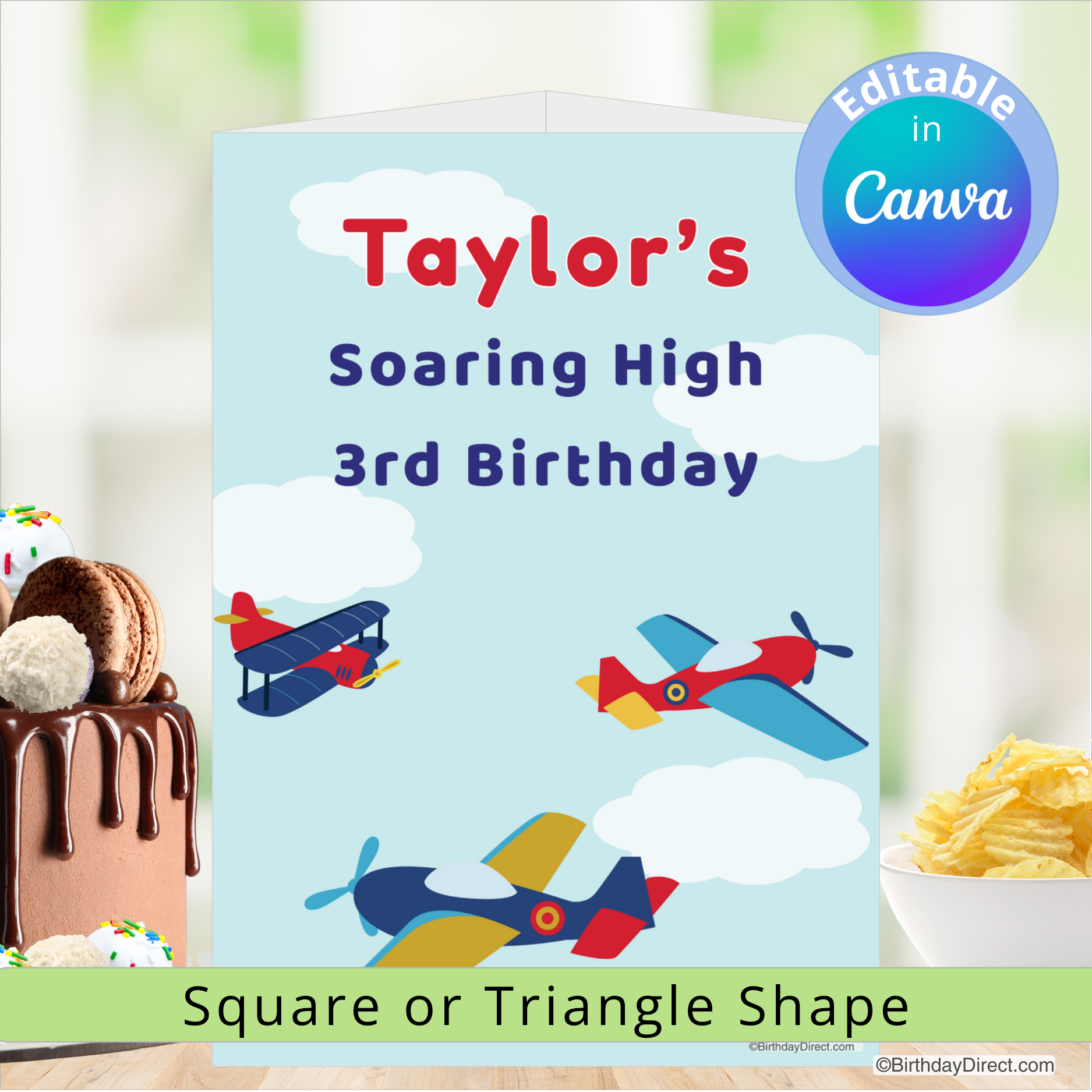 Birthday centerpiece decoration with airplanes and cake, featuring 'Taylor's Soaring High 3rd Birthday' text.