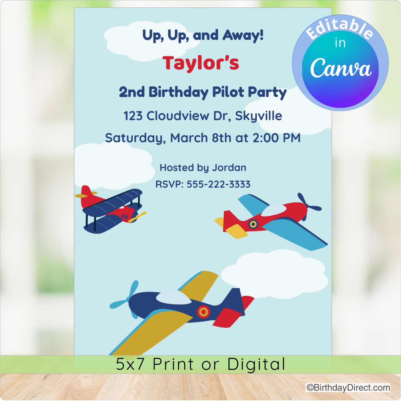 Birthday party invitation with airplane graphics and editable text on a light blue background.