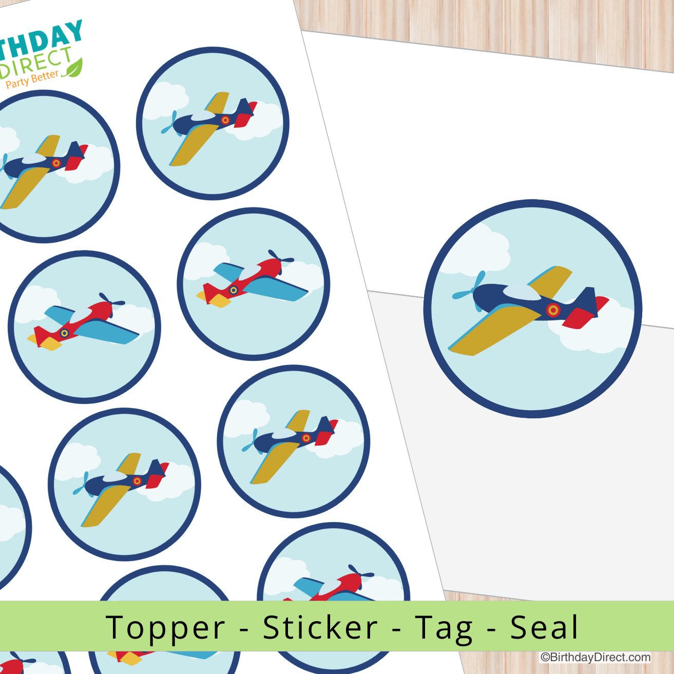 Circular stickers with airplane designs on a white background, branded 'Birthday Direct'.