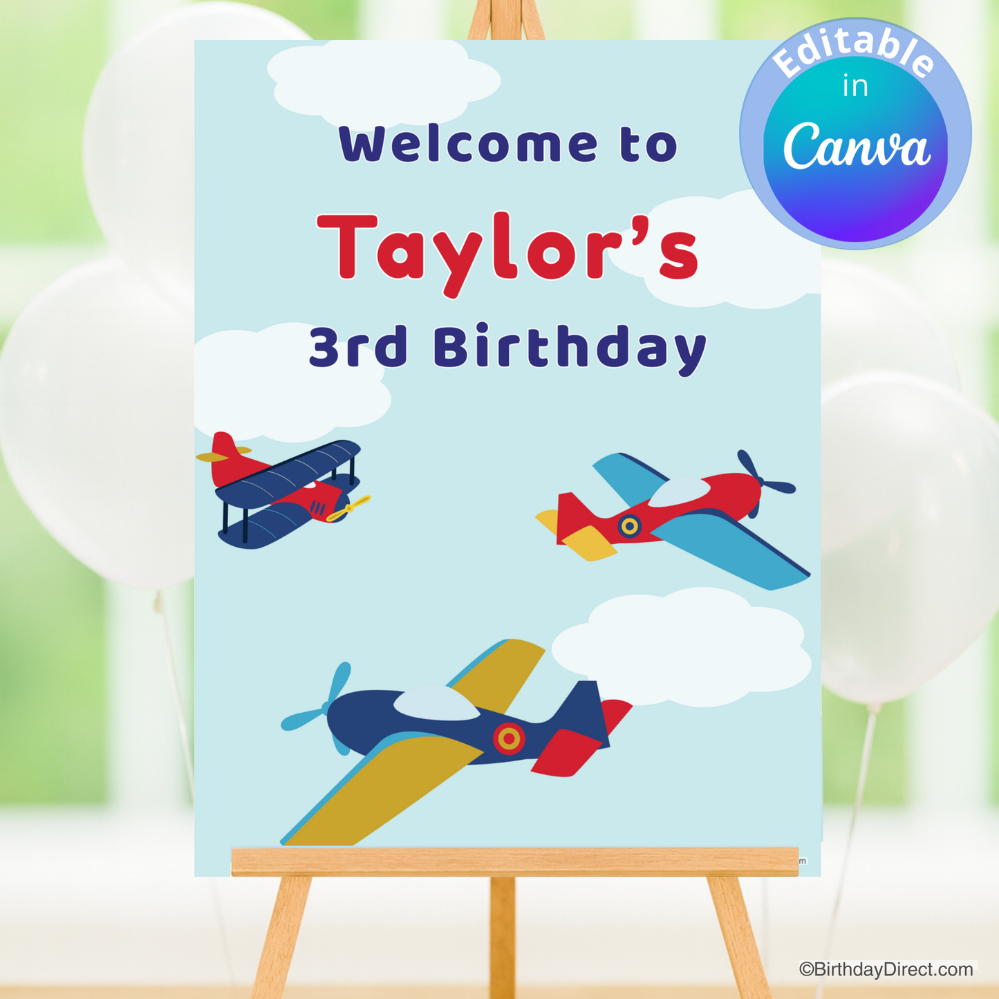 Birthday Poster with colorful airplanes and text 'Welcome to Taylor's 3rd Birthday' on a blue background.