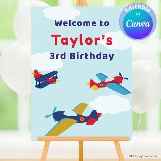 Birthday Poster with colorful airplanes and text 'Welcome to Taylor's 3rd Birthday' on a blue background.