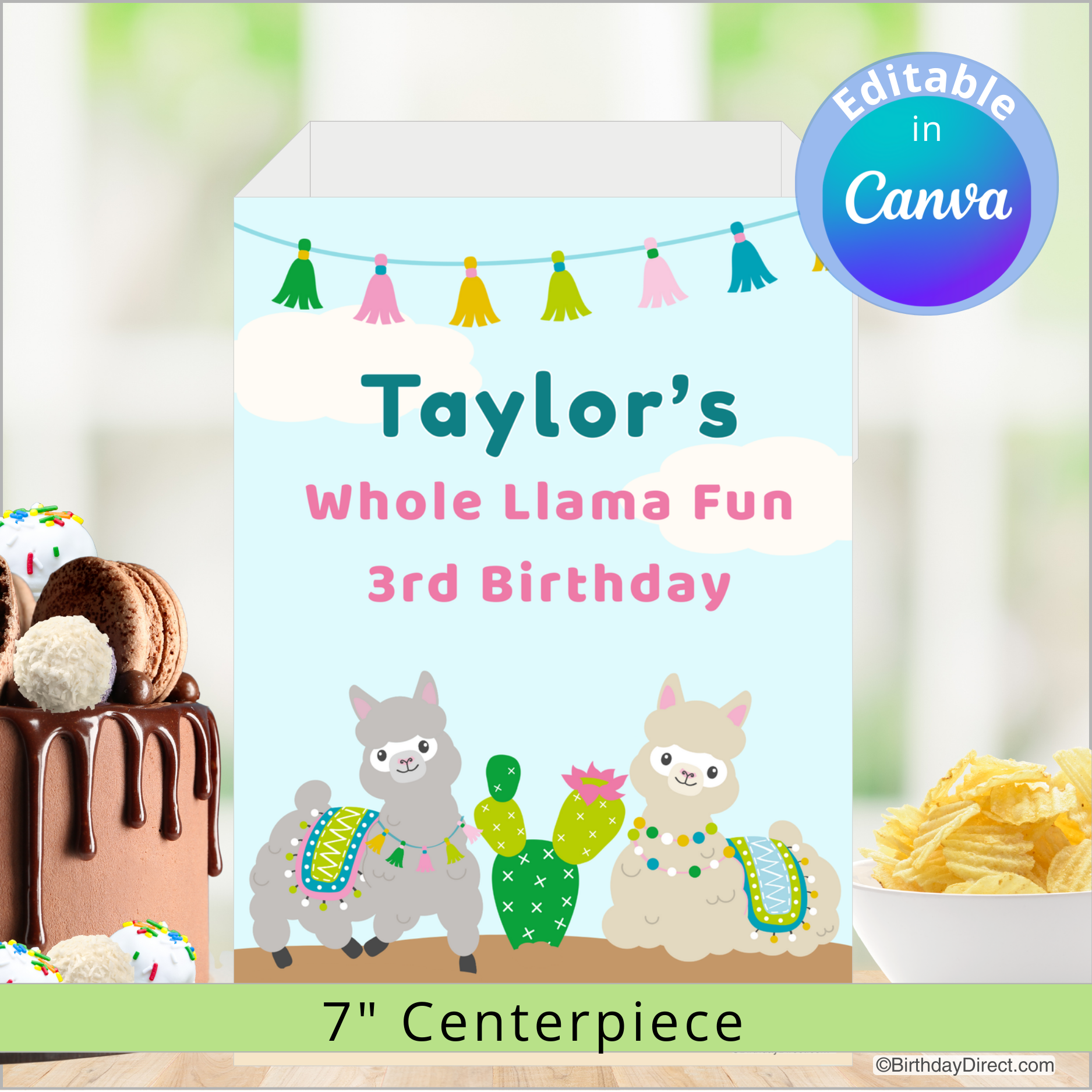 Birthday party centerpiece with llamas and cactus design, featuring the text 'Taylor's Whole Llama Fun 3rd Birthday'.