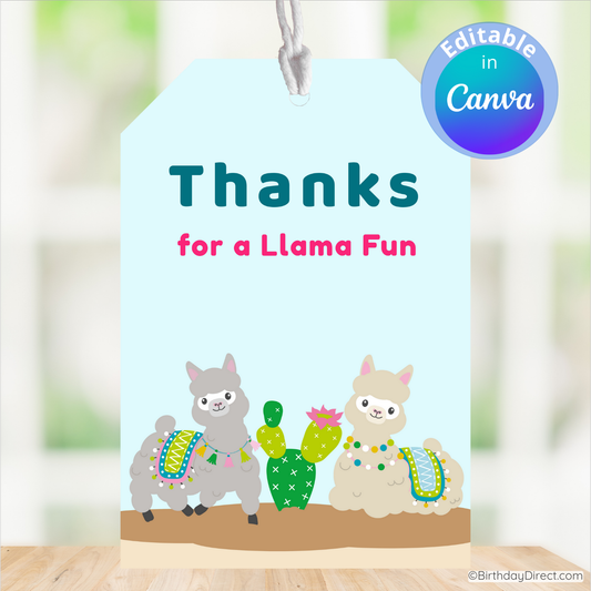 Gift tag with llamas and cactus design on a light blue background, featuring the text 'Thanks for a Llama Fun'.
