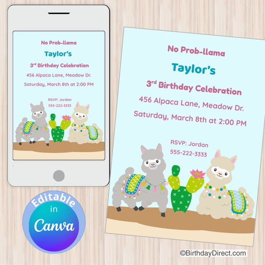 Birthday invitation with llamas and cacti design on a phone and paper