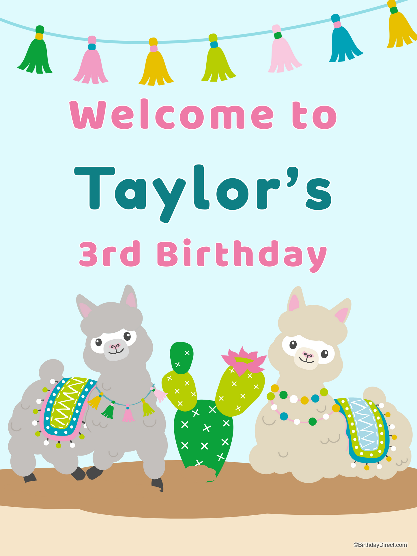 Birthday Poster with llamas and cactus, featuring text 'Welcome to Taylor's 3rd Birthday'.
