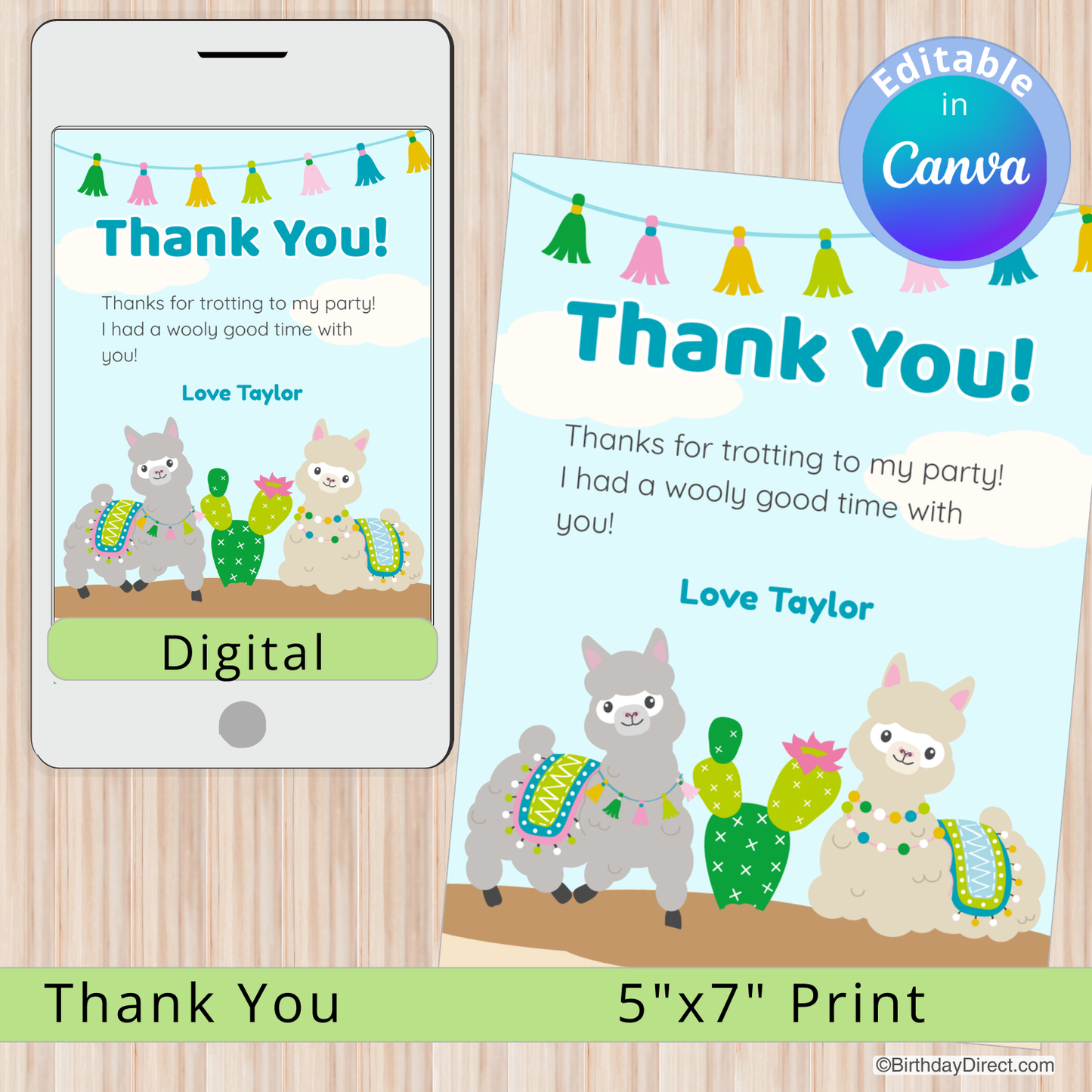 Digital and print thank you cards with llamas and cacti on a wooden surface