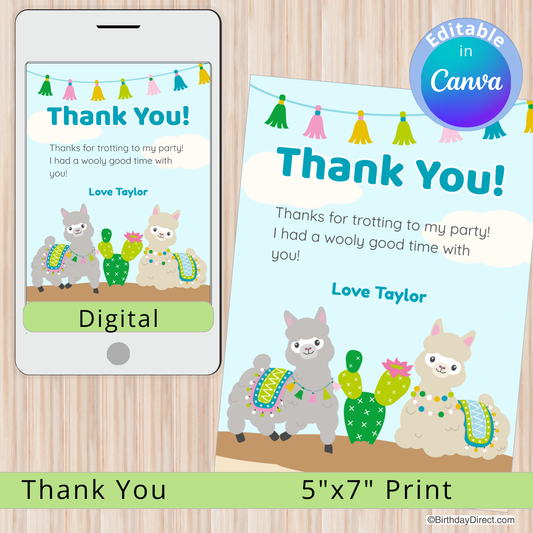 Digital and print thank you cards with llamas and cacti on a wooden surface