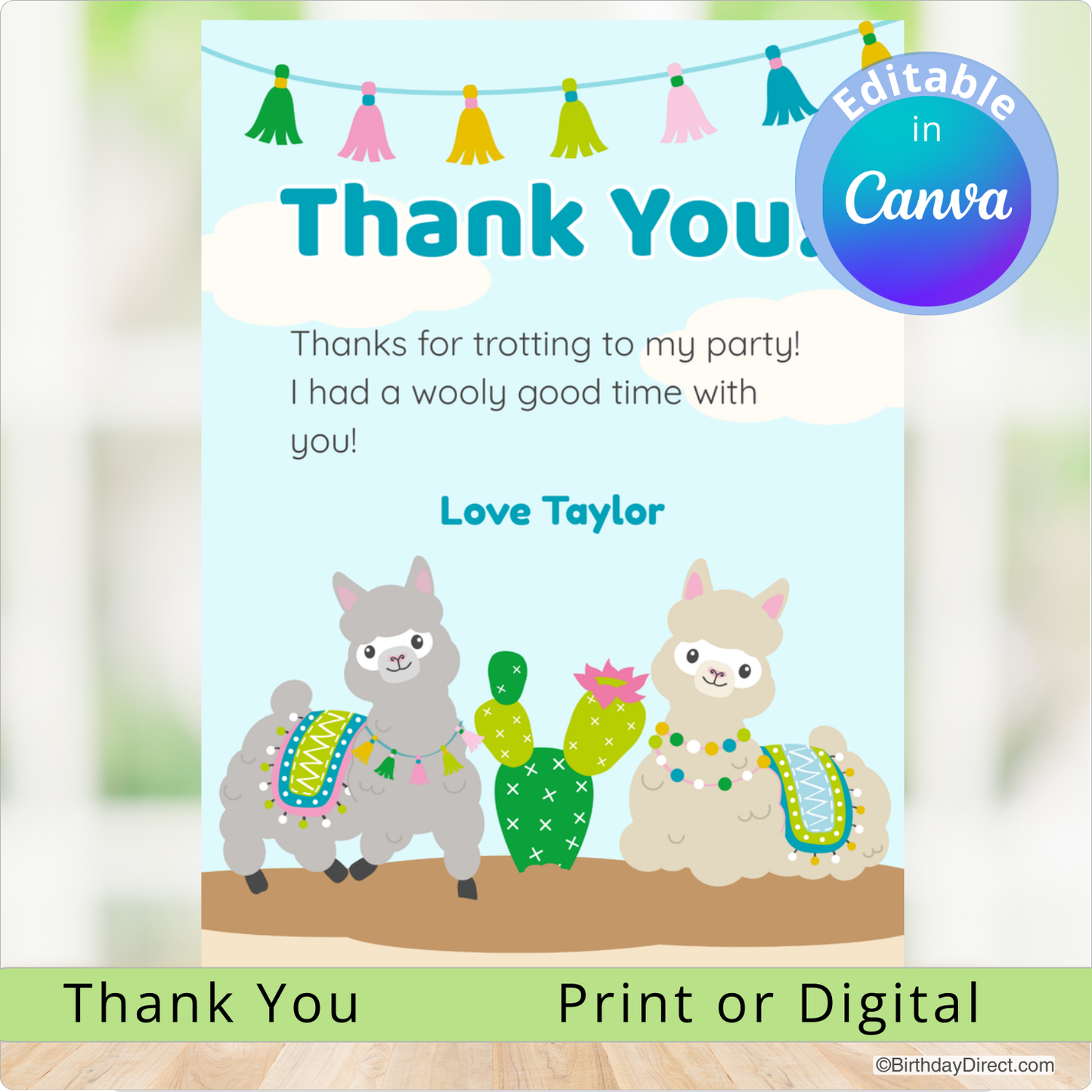 Thank you card with llamas and cactus design, featuring editable text in Canva.