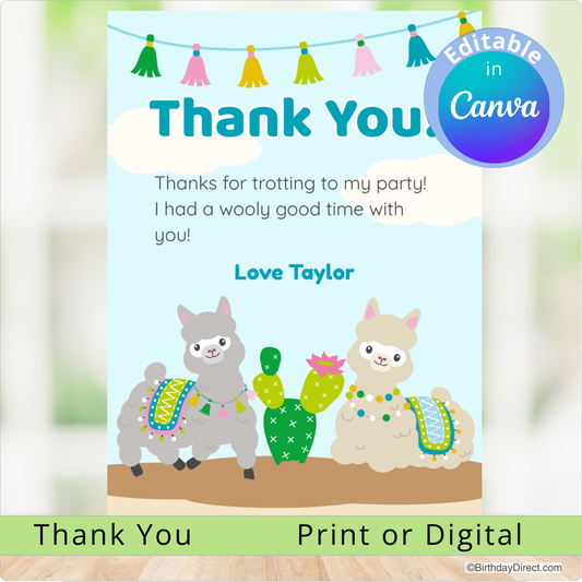 Thank you card with llamas and cactus design, featuring editable text in Canva.