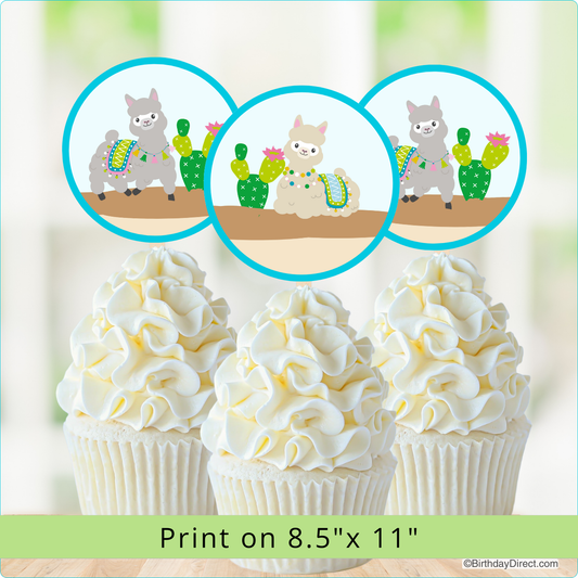 Cupcakes with alpacas, white frosting and decorative elements on a light background