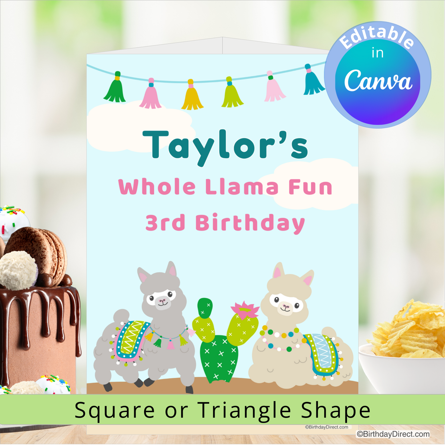 Birthday centerpiece decoration with llamas, cactus, and birthday cake on a colorful background.