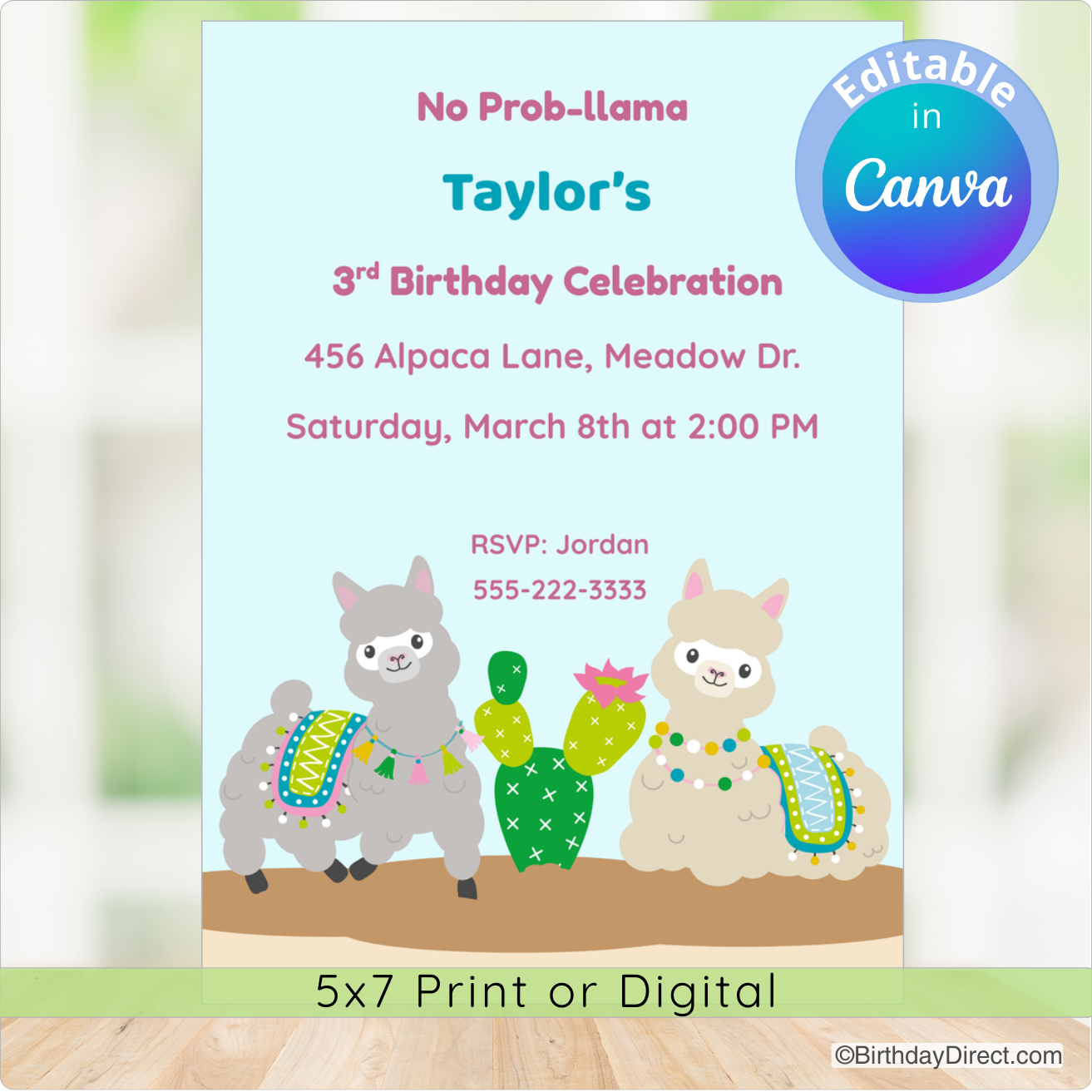 Birthday invitation with llamas and cactus design, featuring Canva branding.