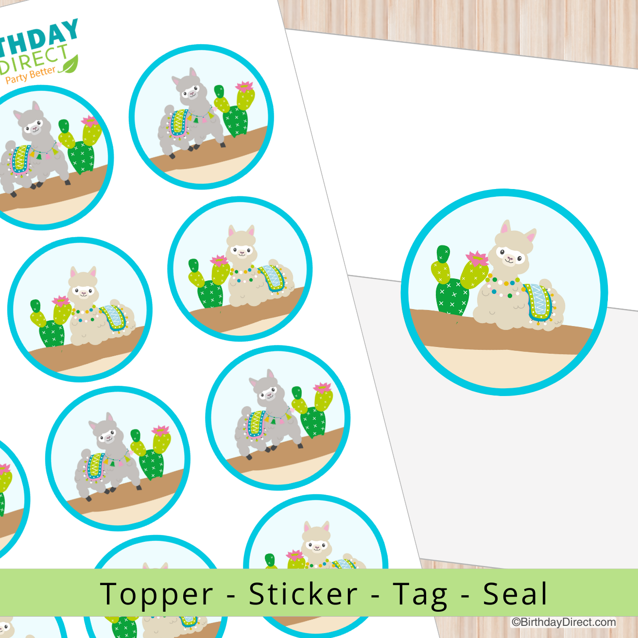 Llama and cactus-themed stickers on a white background with 'Birthday Direct' branding.