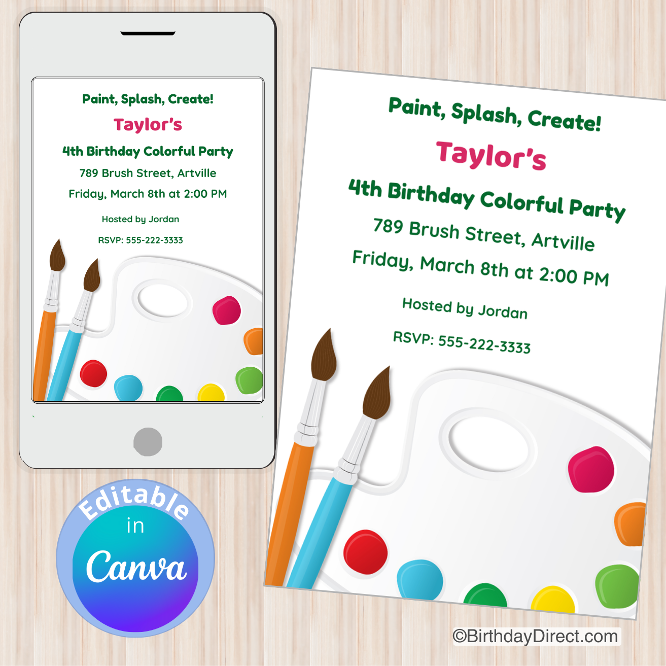 Birthday party invitation with paintbrushes and color palette on a smartphone and paper