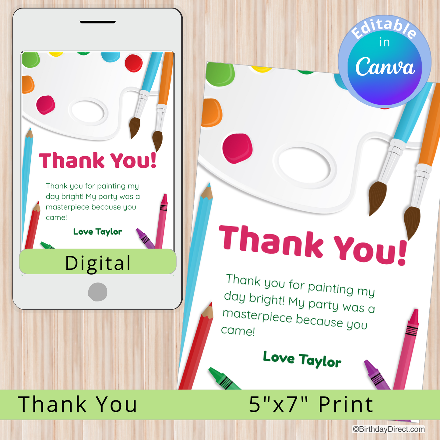 Digital and print thank you cards with paintbrushes and crayons on a wooden surface.