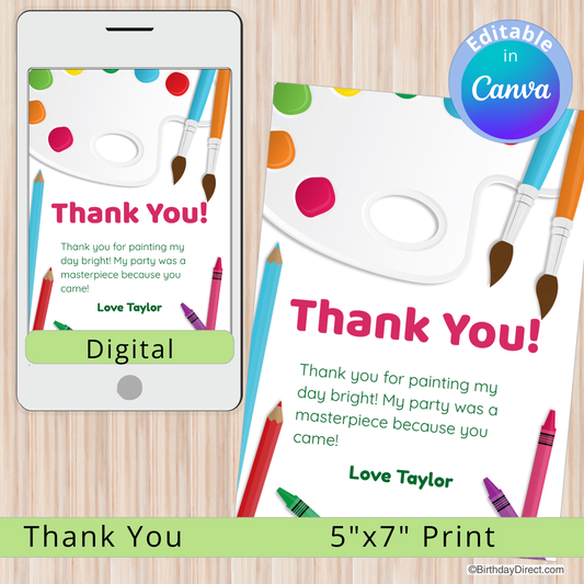 Digital and print thank you cards with paintbrushes and crayons on a wooden surface.