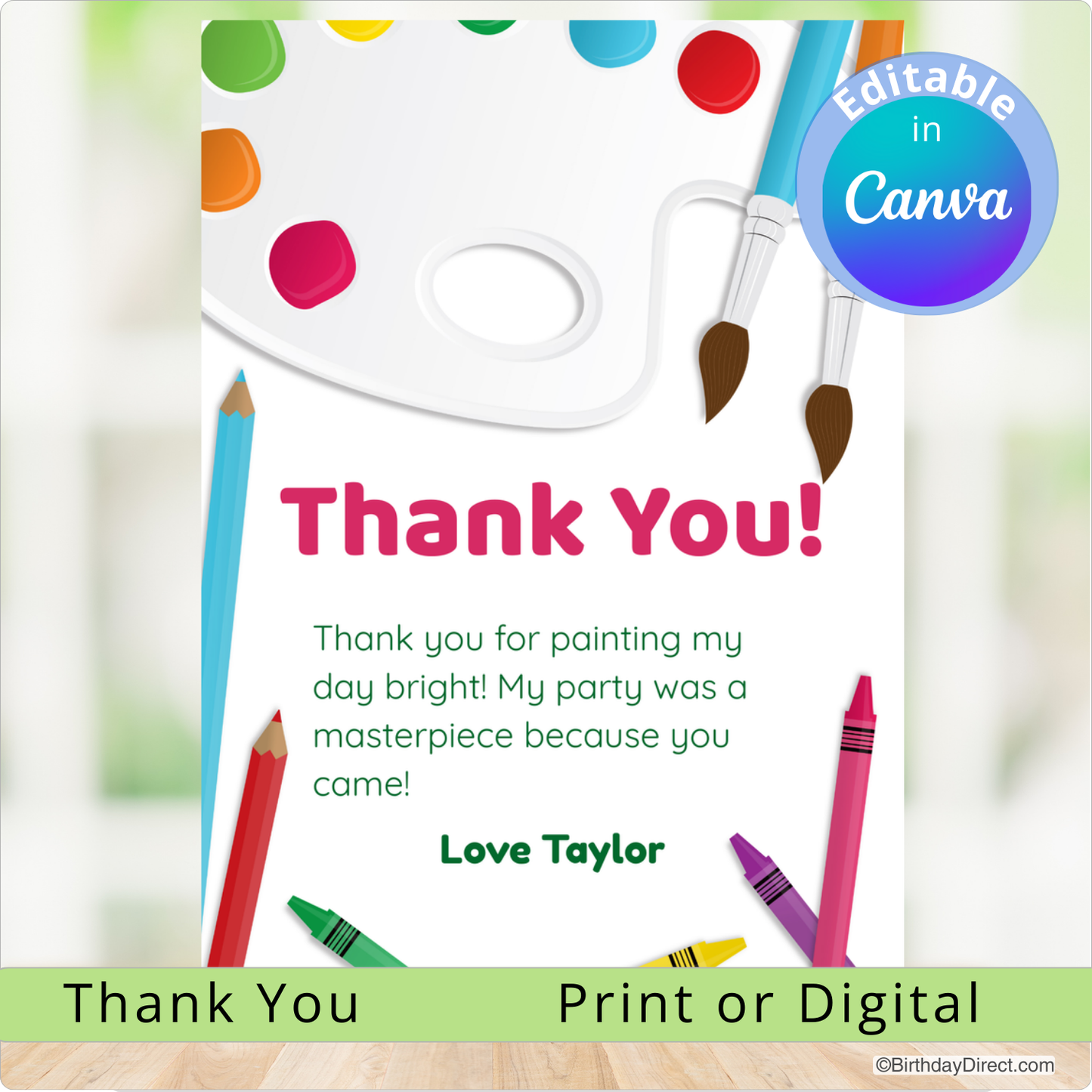 Thank you card with colorful paint tools and text on a white background