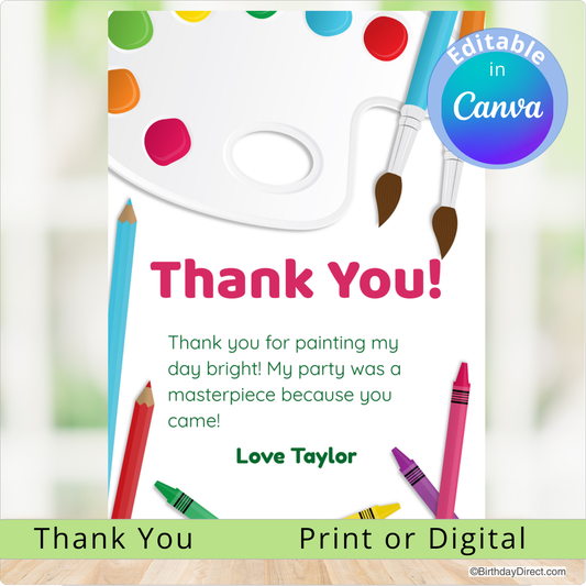 Thank you card with colorful paint tools and text on a white background