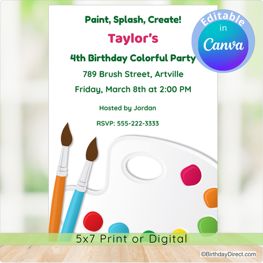 Birthday party invitation with paintbrushes and a color palette on a white background