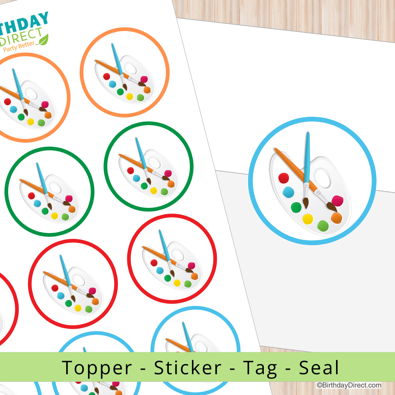Colorful round topper with paintbrush design on a white background, featuring Birthday Direct branding.