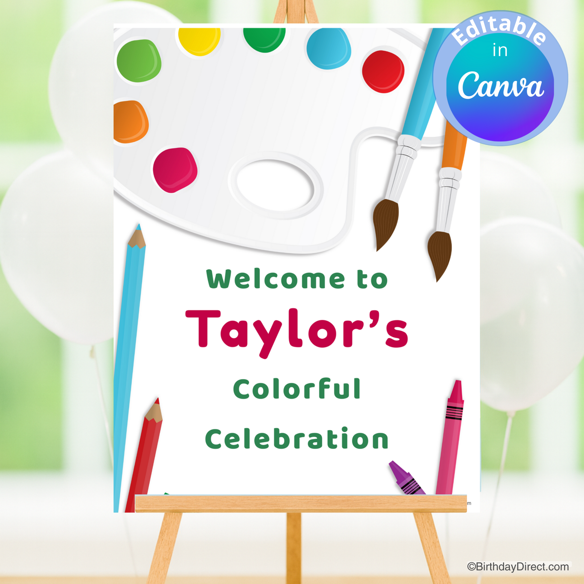 Colorful art-themed birthday poster with paint palette, brushes, and crayons on a white background.