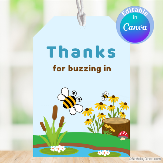 Card with bee and flowers design and 'Thanks for buzzing in' text on a blurred nature background.