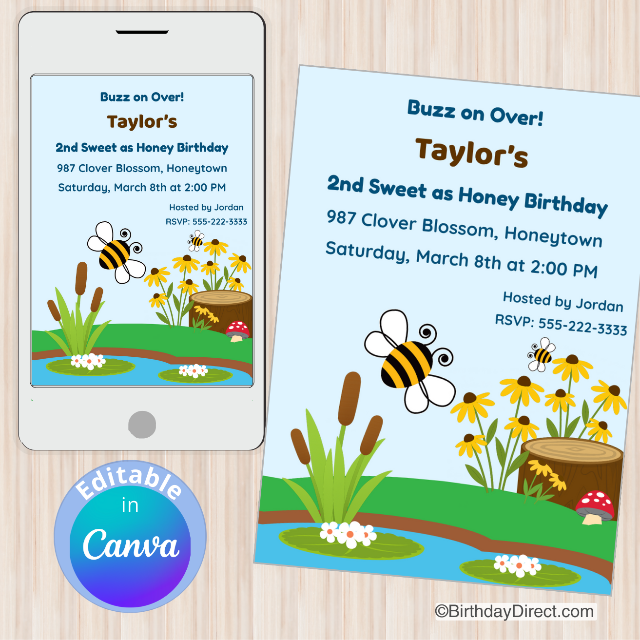 Birthday invitation with bees and flowers on a smartphone and paper