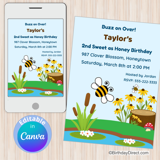 Birthday invitation with bees and flowers on a smartphone and paper