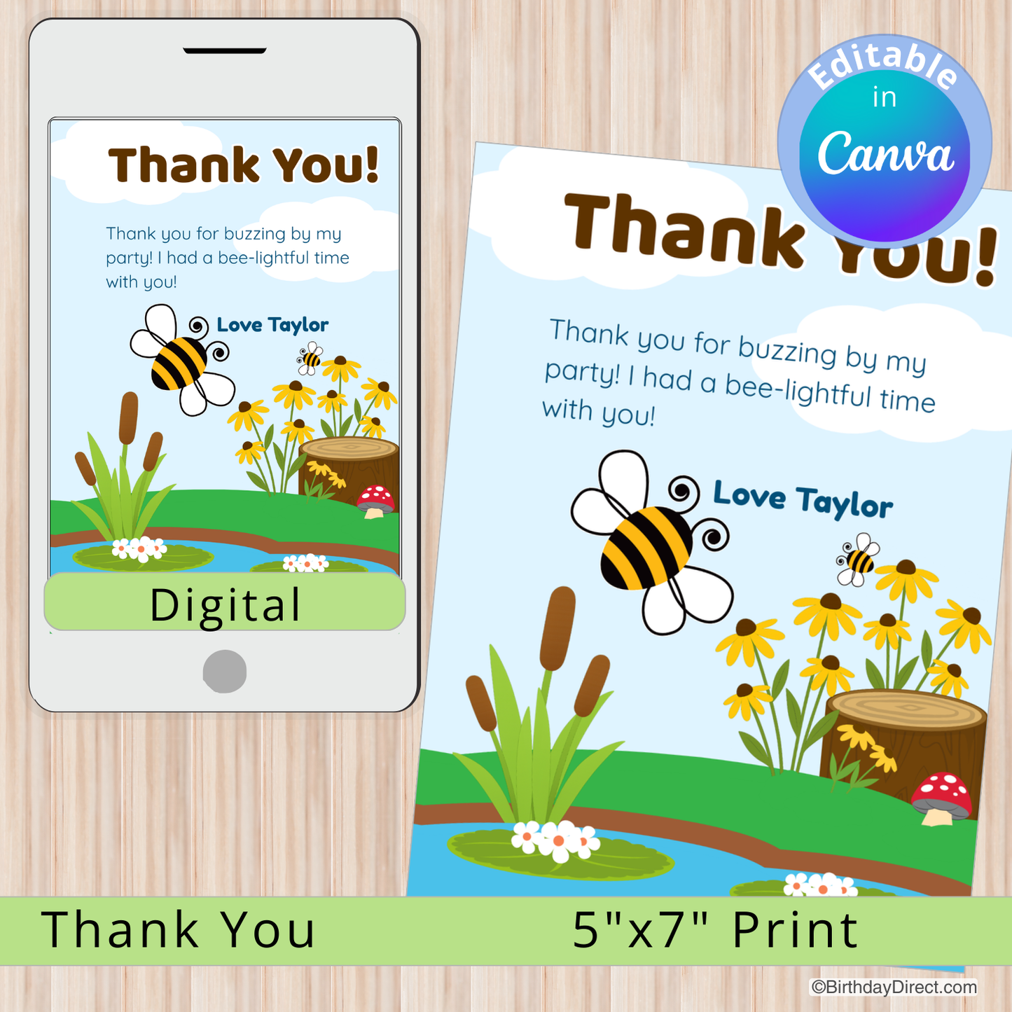 Digital and print versions of a 'Thank You' card with bee and flower design on a wooden surface.
